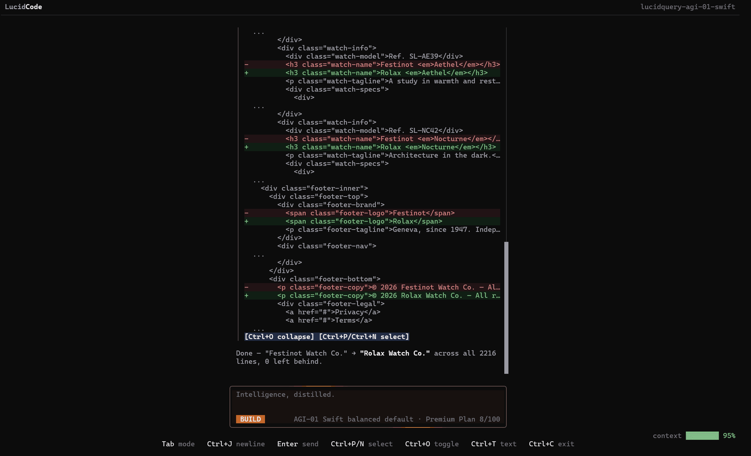 LucidCode applying a unified diff in Build mode in the terminal